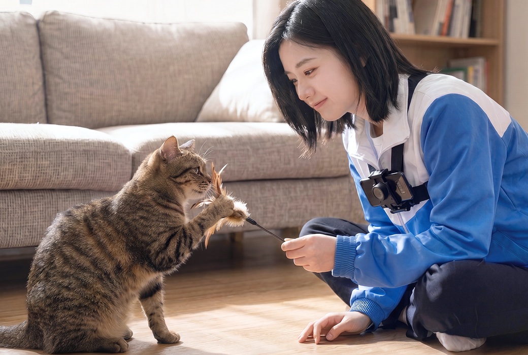 고양이와 눈을 맞추며 교감하는 와요 펫시터