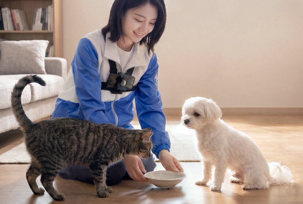 집으로 방문해 고양이와 강아지에게 배식하는 와요 펫시터