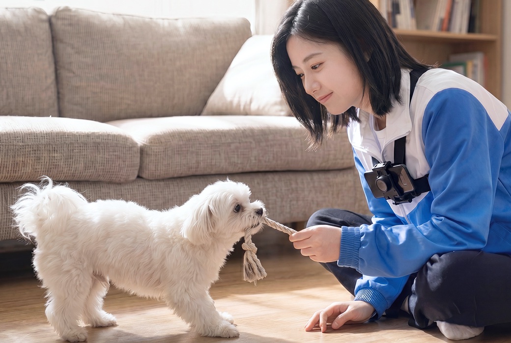 강아지와 장난감으로 놀아주는 와요 펫시터